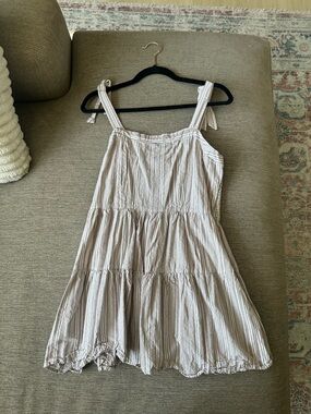 Striped Tie-Strap Tiered Sundress in Light Beige/White